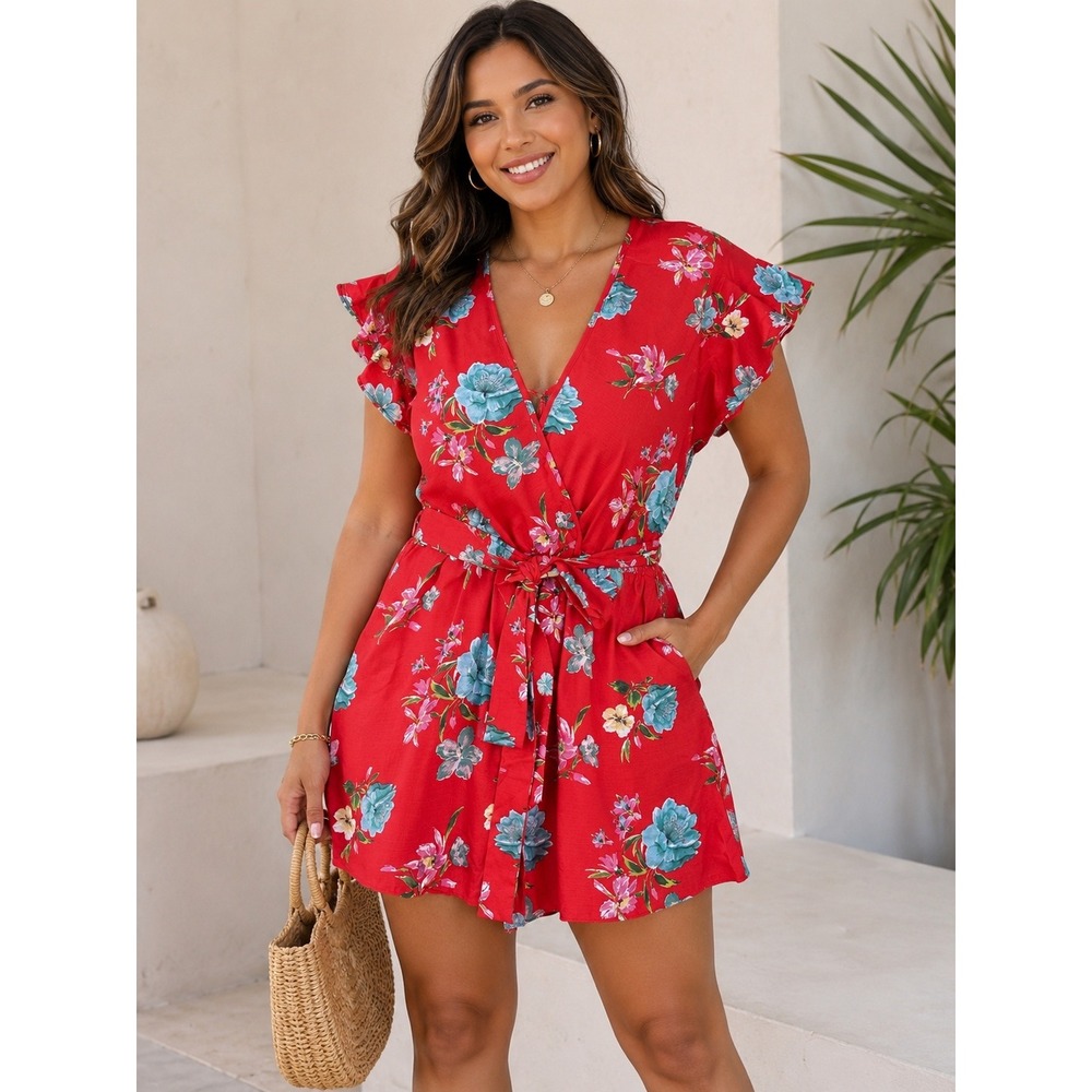 Spin Women's 2XL Red Floral V-Neck Wrap Romper Tie Waist Flutter Sleeve